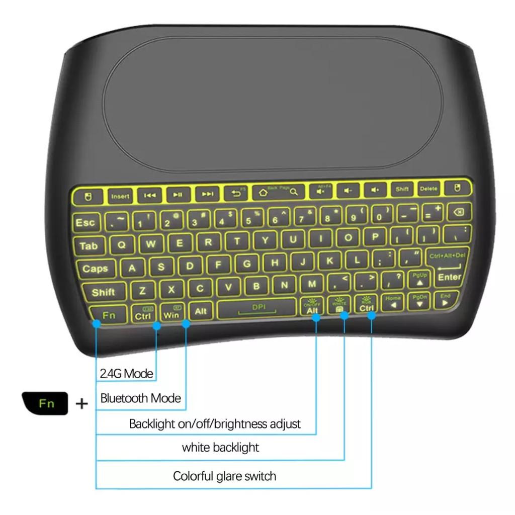 Bàn phím mini không dây 2.4G hoặc Bluetooth có đèn Led có bàn di chuột D8 mini