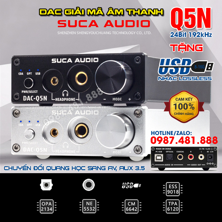 DAC giải mã âm thanh SUCA AUDIO Q5N - 24Bit 192kHz - Có cổng quang học - Tặng usb nhạc lossless - Hàng chính hãng