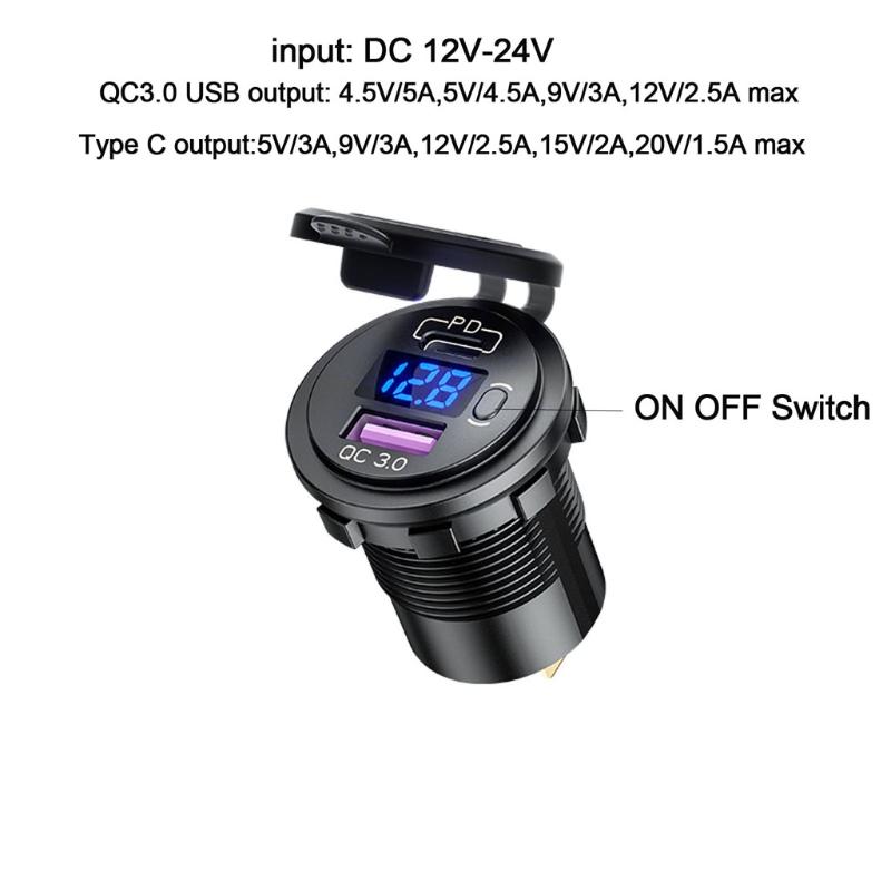 12V 24V TYPE C PD QC3.0 Thuyền ô tô USB Bộ sạc nhanh với vôn kế trên công tắc tắt