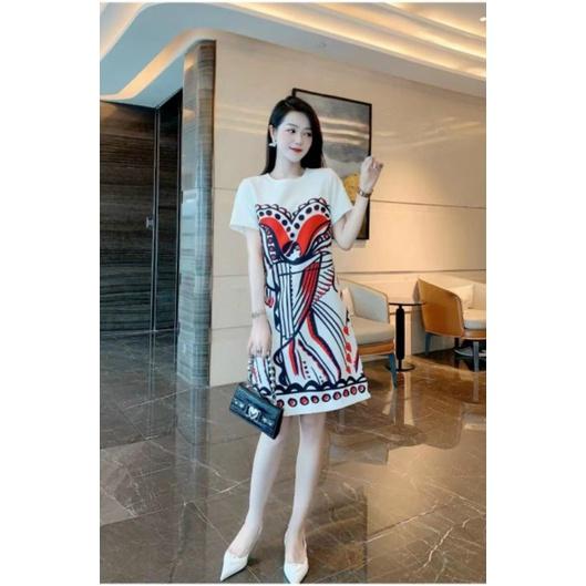 ĐẦM SUÔNG HỌA TIẾT TRẮNG ĐỎ