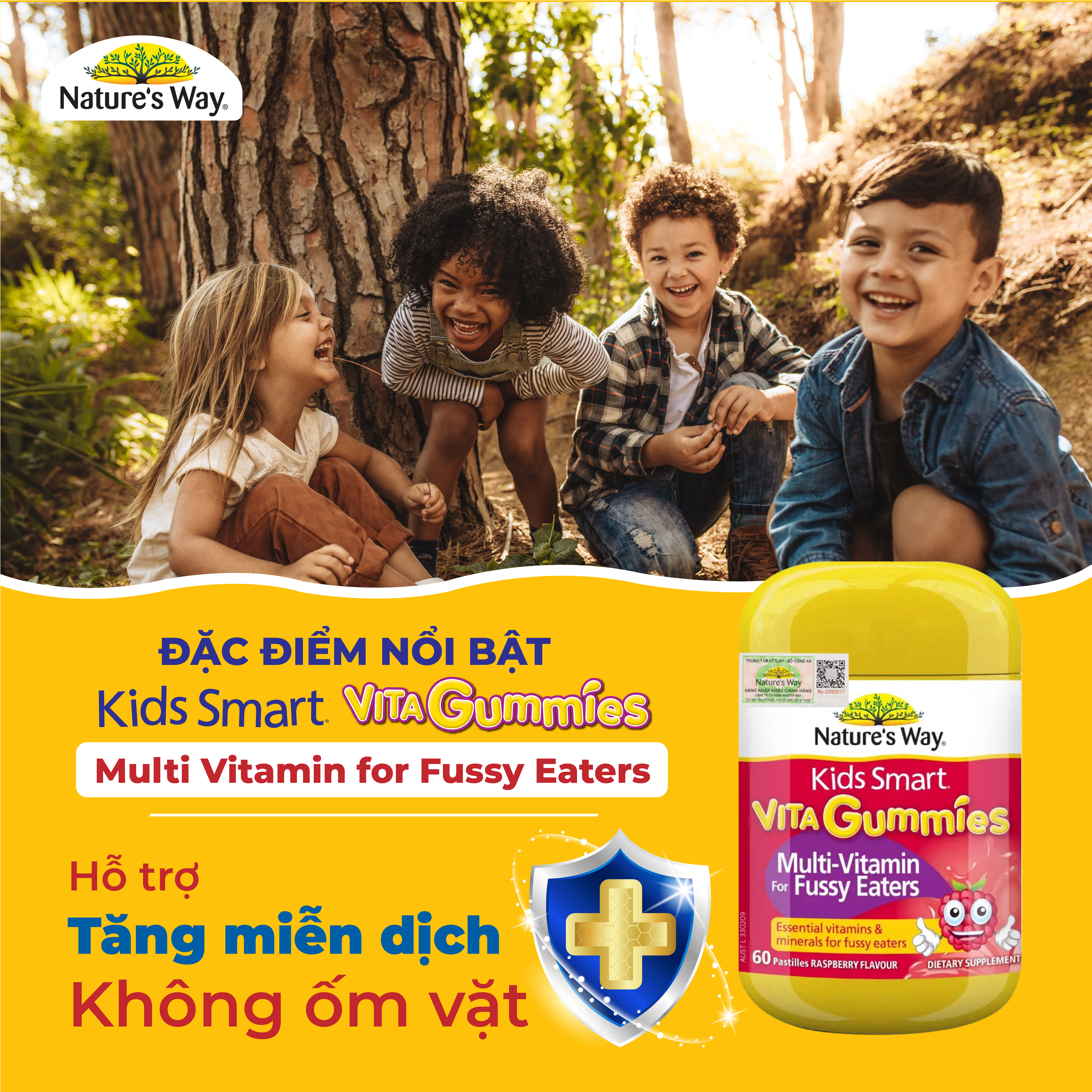 Kẹo Dẻo Vi Chất Cho Bé Nature's Way Kids Smart Vita Gummies Multi Vitamin for Fussy Eaters Kích Thích Ăn Ngon 60 Viên