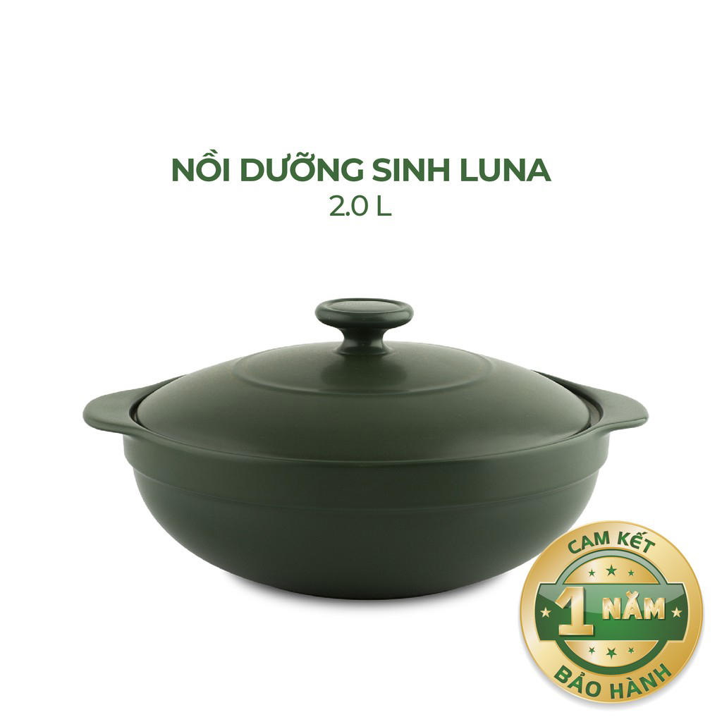 Nồi Sứ Dưỡng Sinh Minh Long - Luna cao cấp -  2.0 L dùng Bếp Ga, Hồng Ngoại có nắp đậy, tráng men màu sứ xanh rêu, có thể kho cá, hầm cháo - nồi đất