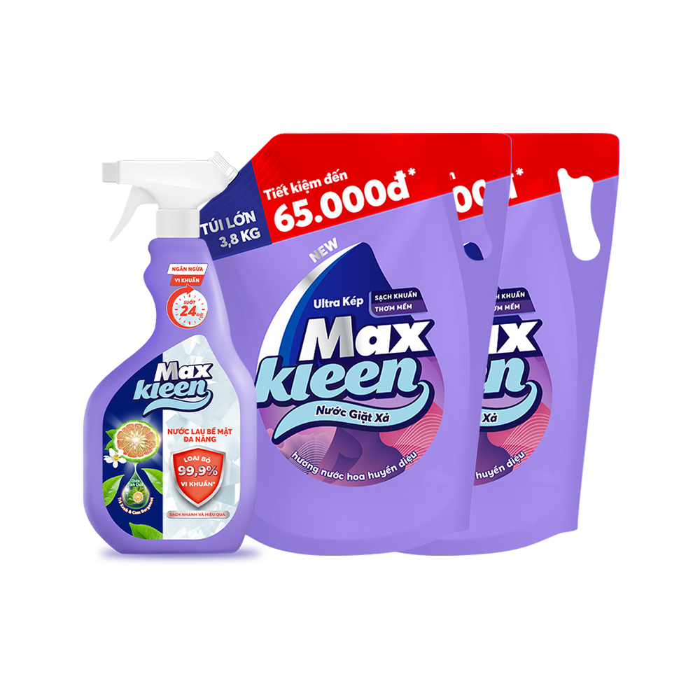 Combo 2 Túi Nước Giặt Xả MaxKleen hương Huyền Diệu (3.8kg/túi) + Lau Bề Mặt Đa Năng