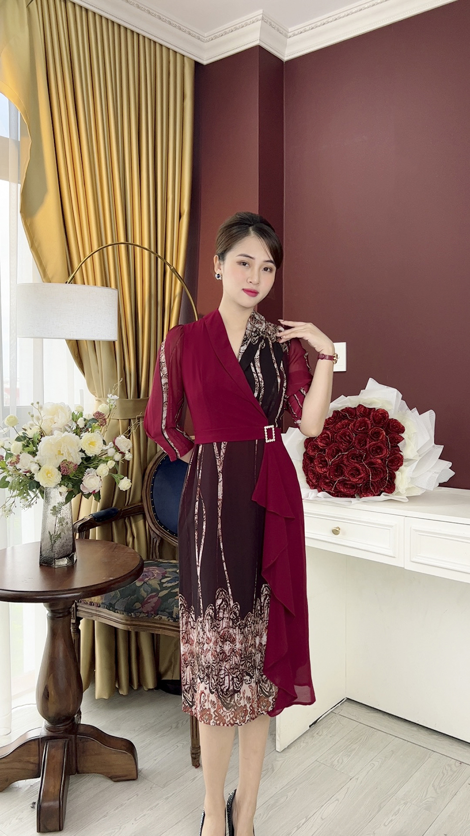 Linh Trà - Đầm Trung Niên Dáng Dài [TM955] Trẻ Trung Thiết Kế Trang Nhã Thanh Lịch Đi Làm Đi Tiệc Cho Bà Cho Mẹ U40 U50