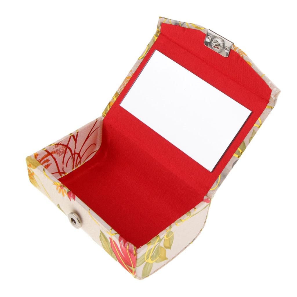 Embroidered Brocade Lipstick Lip Gloss Case Jewelry Storage Box Makeup Holder With Mirror Inside with Snap-On Closure