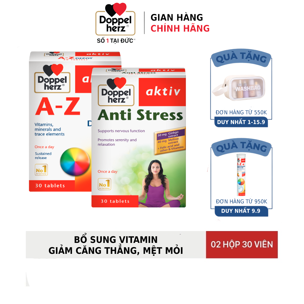 Bộ đôi bổ sung vitamin, khoáng chất, giảm căng thẳng mệt mỏi Doppelherz Anti Stress + A Z Depot