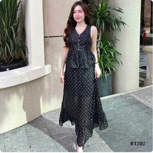 Đầm Maxi Ruzimay Chấm Bi Voan Áo Váy Rời Dáng Dài R1200