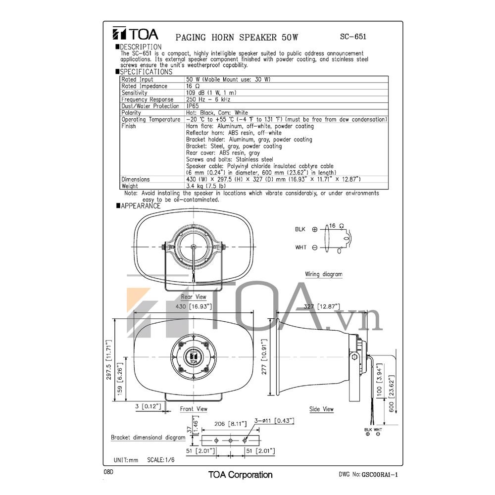 Loa nén phản xạ vành chữ nhật TOA SC-651, công suất 50W, không biến áp, loa phát thanh thông báo, hàng chính hãng