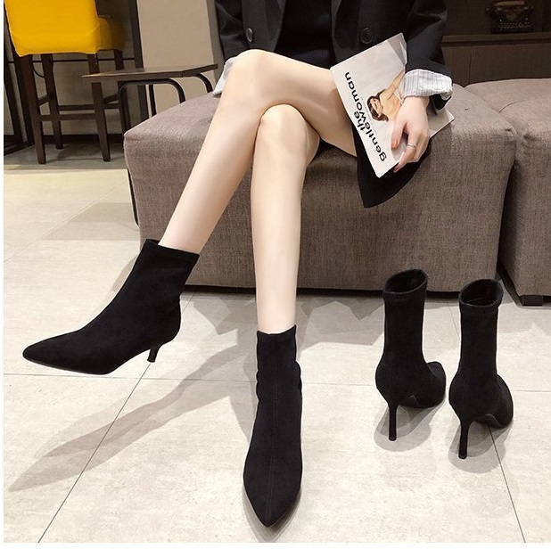 Giày boots nữ cao gót 9 phân da lộn mũi nhọn cổ lửng, bốt nữ cao cấp S063