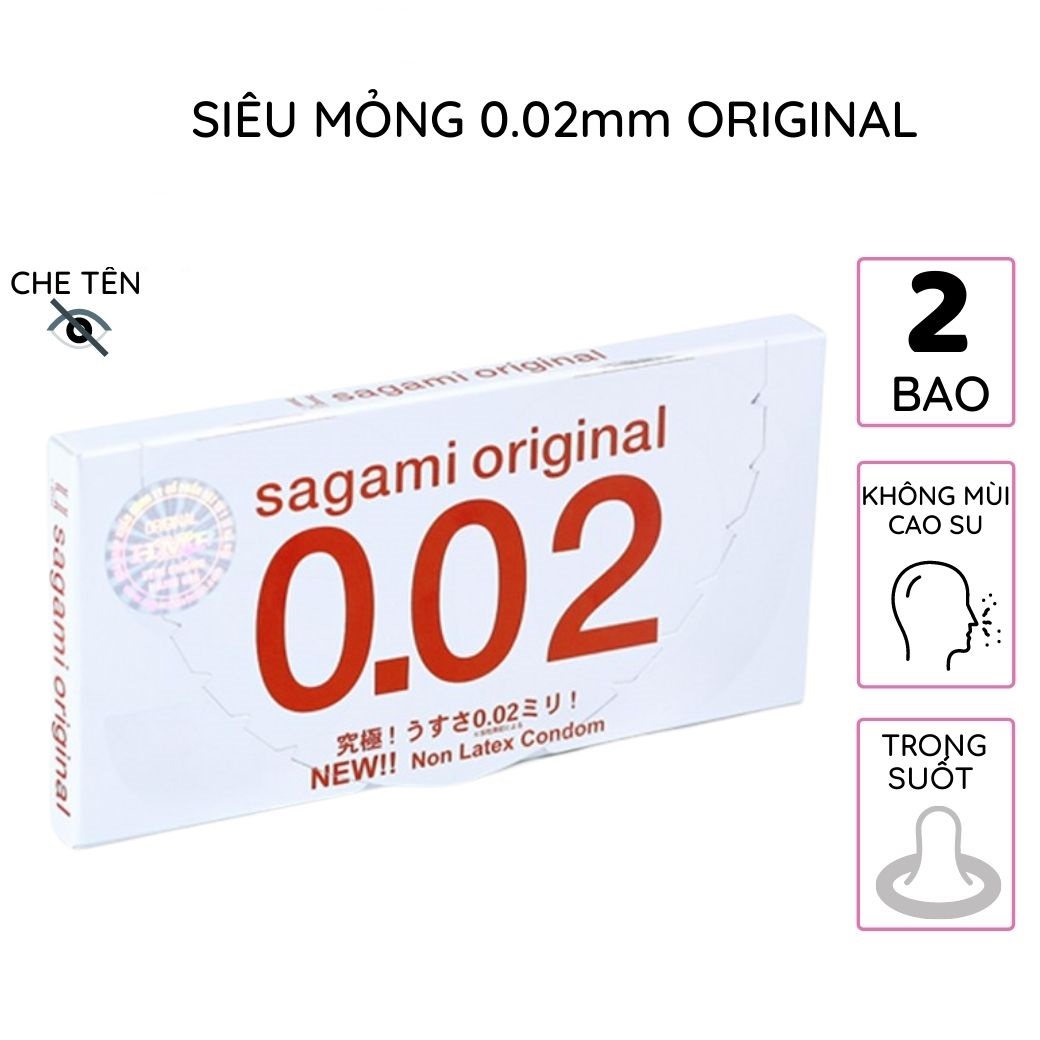 Bao cao su Sagami 002 Original Siêu mỏng Non Latex Hộp 2 chiếc không mùi trong suốt chống tuột kéo dài thời gian