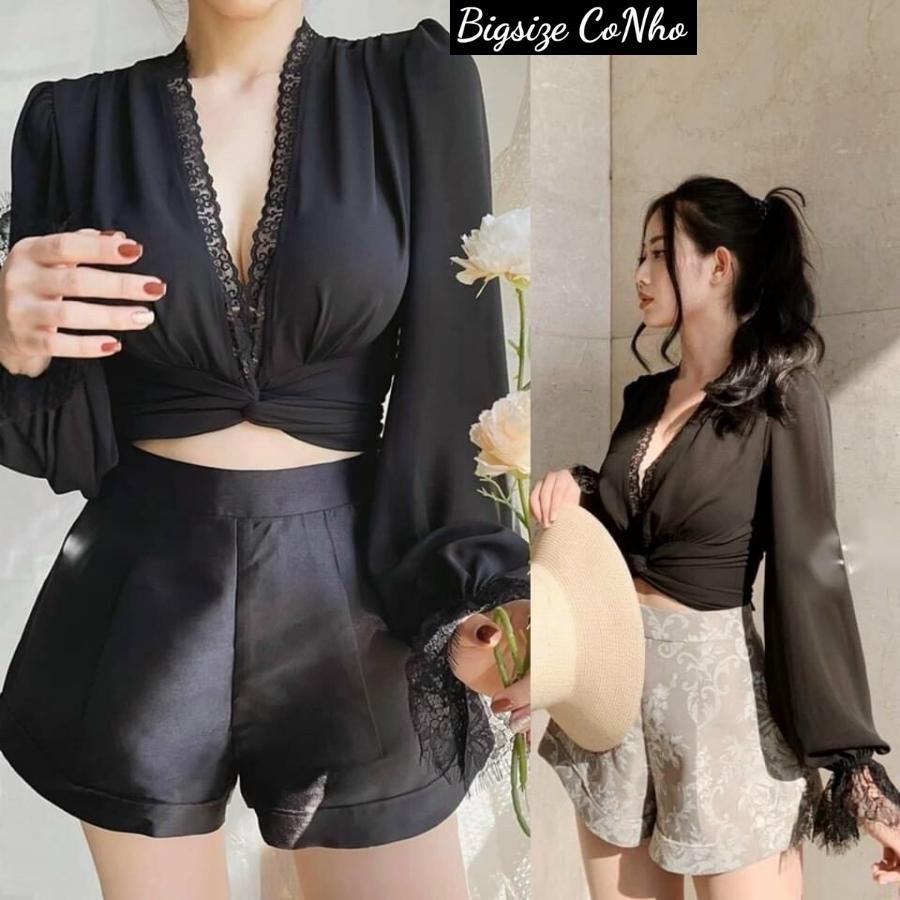 Áo somi croptop kiểu bigsize nữ cổ bèo cột dây nơ Chuppy SM02