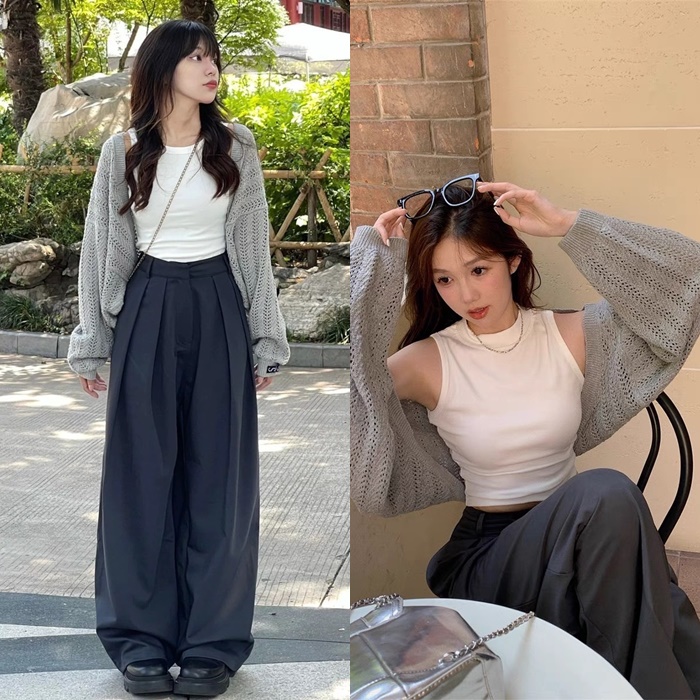 SET QUẦN DÀI ỐNG RỘNG LƯNG CAO SUÔNG TRƠN + ÁO KHOÁC LƯỚI LỬNG CARDIGAN TAY DÀI + ÁO CROPTOP 3 LỖ DẠO PHỐ ĐI CHƠI ĐI BIỂN ĐI TIỆC