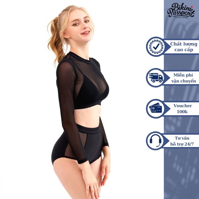 Đồ bơi Nữ BIKINI PASSPORT kiểu Lưng cao áo tay dài phối lưới- màu Đen - BS302_BL