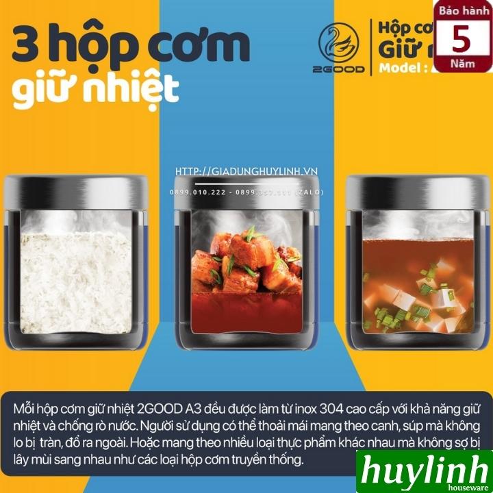 Bộ 3 hộp cơm trưa giữ nhiệt 2Good A3 - 1140ml - Tặng kèm muỗng nĩa - Hàng chính hãng