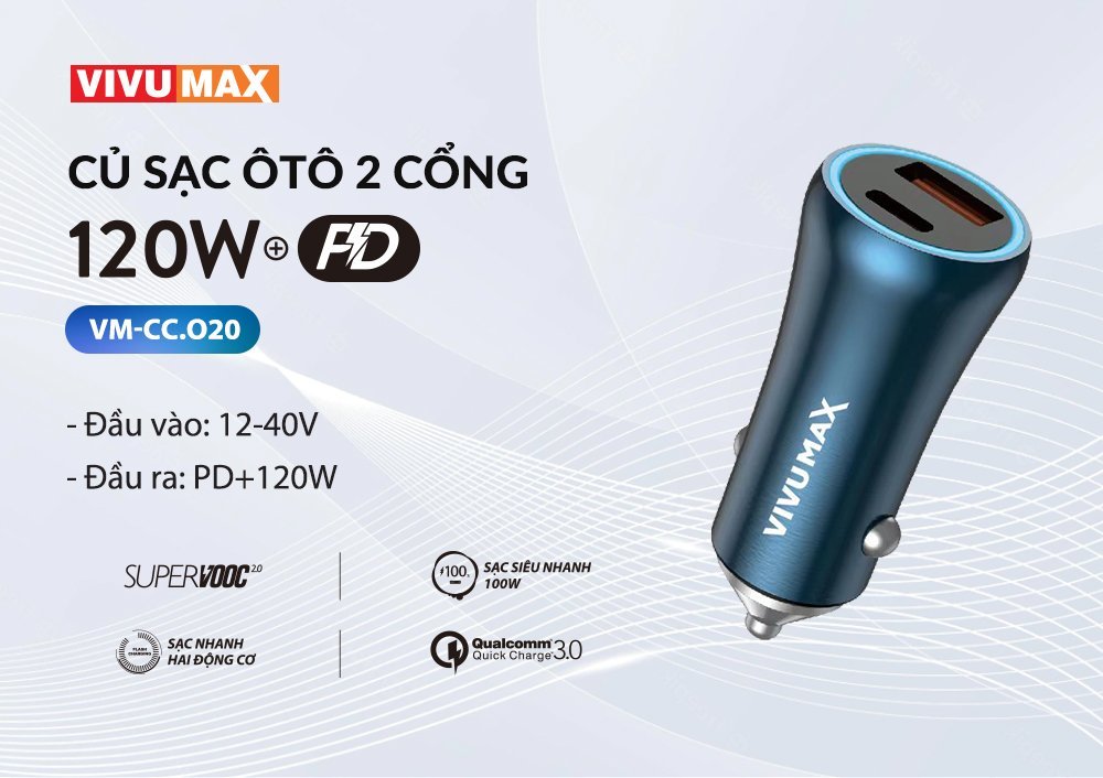 Củ sạc nhanh ôtô 120W Vivumax O20 - Hàng chính hãng, Bảo hành chính hãng