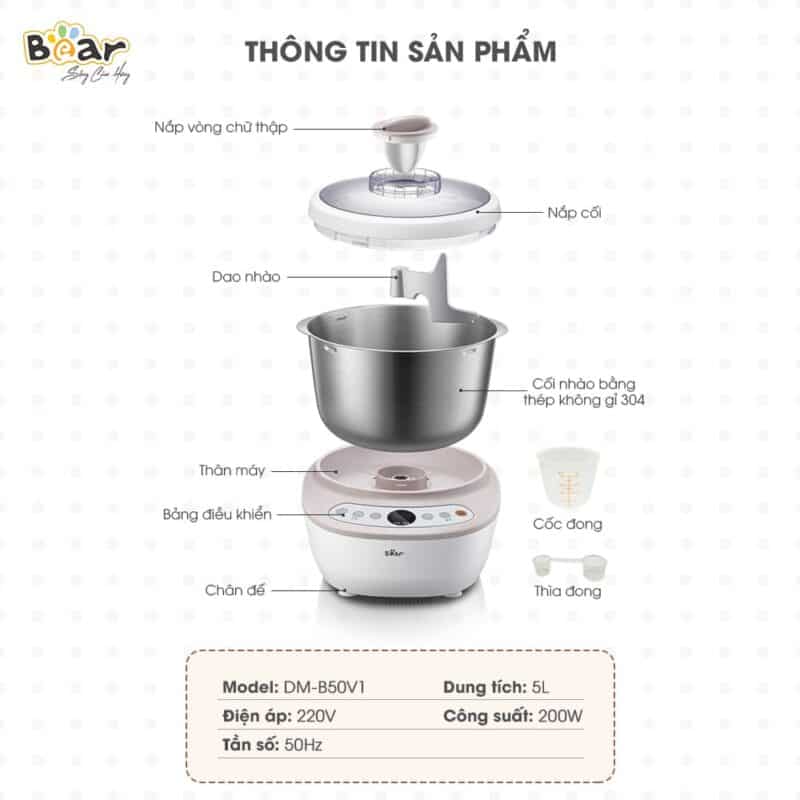 Máy Trộn Bột Bear 5L Inox 304, Ủ Bột, Nhào Bột, Nhồi Bột Nhanh, Công Suất Lớn Chống Dính - DM-B50V1 - Hàng Chính Hãng