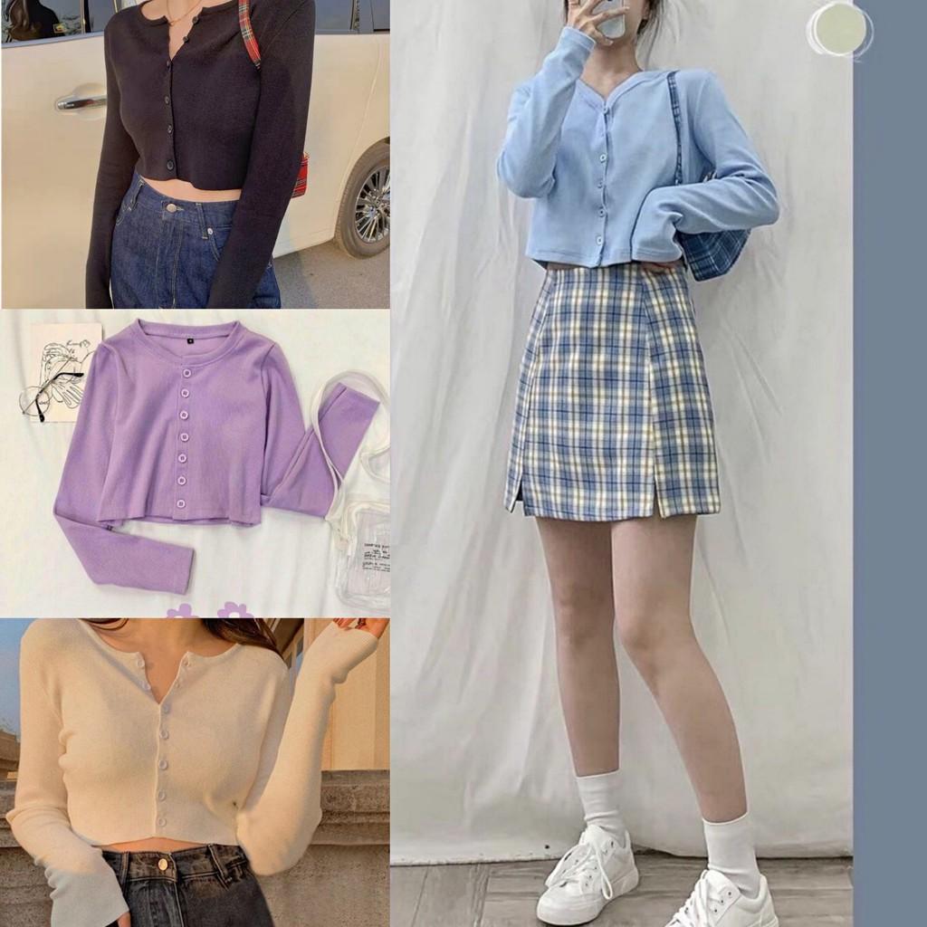 ÁO CROPTOP BORIP TAY DÀI GÀI NÚT CỔ TIM ÔM BODY CO GIÃN - ÁO THUN CRT TRƠN BASIC ULZZANG CÁ TÍNH BLUE TÍM 31