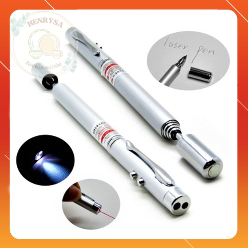 Bút Laser Trình Chiếu 5 Chức Năng Trong 1 Vỏ Kim Loại Mạ Màu Bạc Hộp Thiếc Tặng Kèm 3 Pin - HENRYSA
