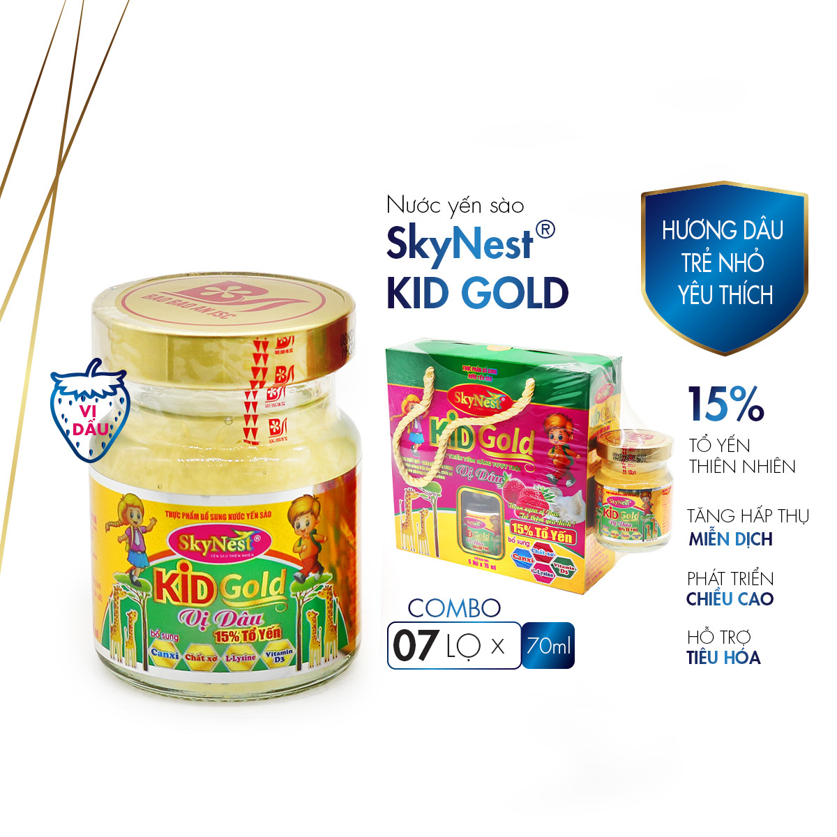 MUA HỘP 6 TẶNG 1 - Nước yến sào SkyNest Kid Gold vị dâu cho trẻ nhỏ 15% Tổ yến