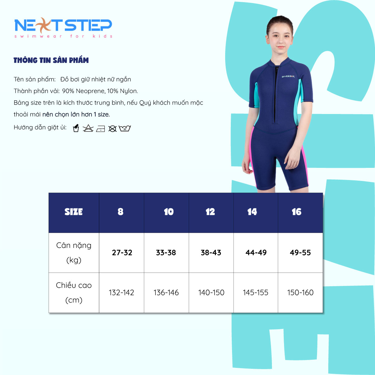 Đồ bơi giữ nhiệt chống nắng UPF50+ chống thấm nước chất liệu cao su Neoprene dày 2.5mm có size cho cả bé gái và bạn nữ từ 27kg đến 55kg