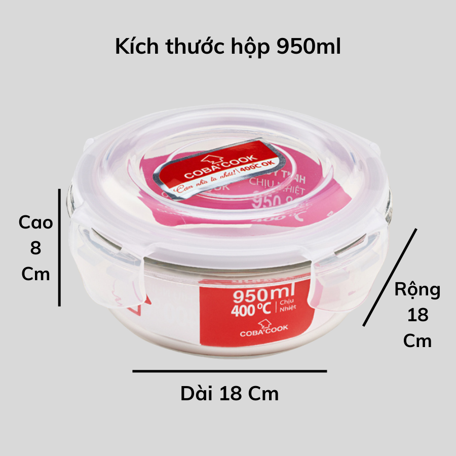 Bộ 4 hộp thủy tinh hình tròn trữ thực phẩm chịu nhiệt 2 hộp 950ml 2 hộp 620ml COBA'COOK-CCR6R94