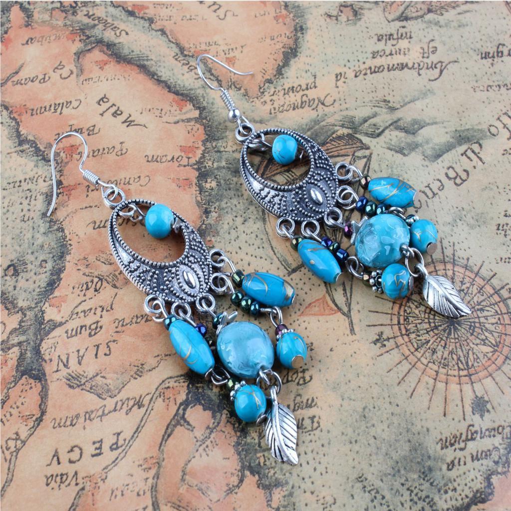 Vintage Drop Earrings Leaf Beads Dangle Earrings Ethnic Jewelry
