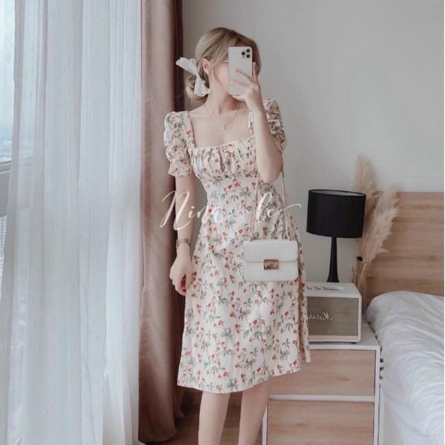 Đầm Hoa Dáng Xòe Thời Trang Mùa Hè Phong Cách Tay Ngắn Cổ Vuông Thanh Lịch Cho Nữ