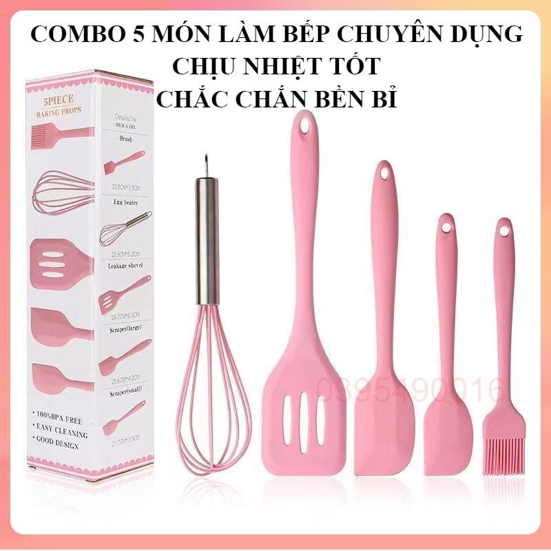 Combo 5 món dụng cụ bếp, làm bánh chất liệu silicon cao cấp tay cầm bằng INOX chịu được mức nhiệt độ đến 230 độ C