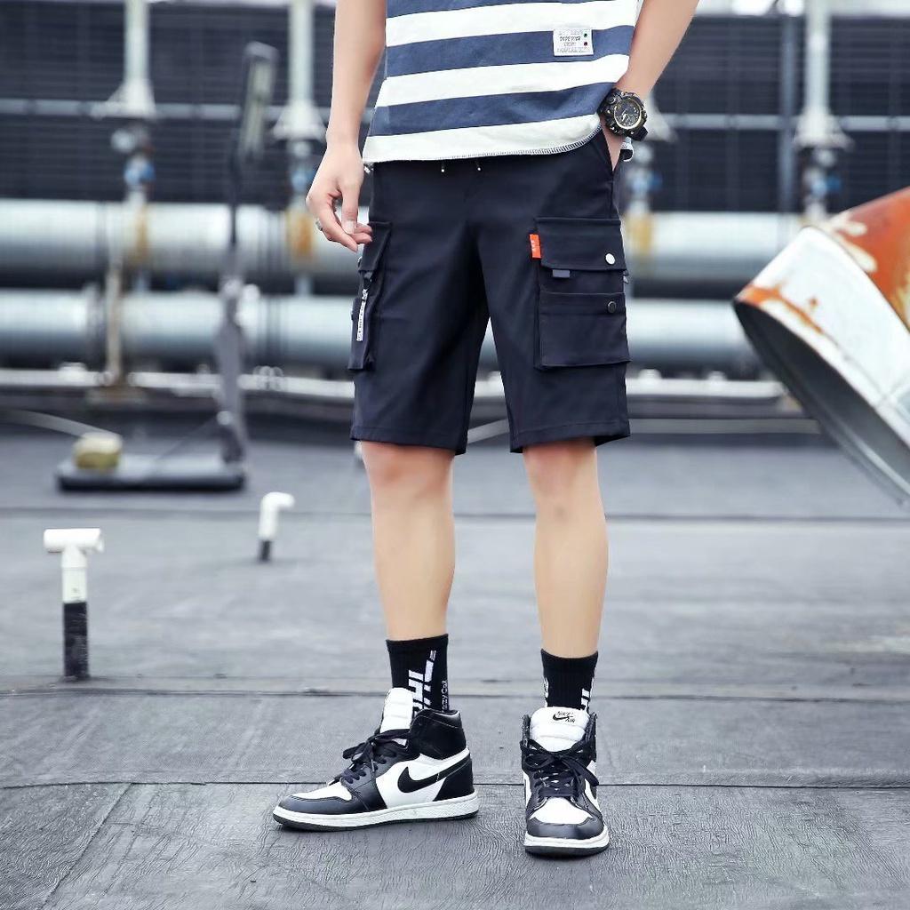 Quần Short Kaki Túi Hộp khóa dây nai nam - Sọt Lững Kiểu Dáng Thể Thao Unisex một Màu Đen 03x.