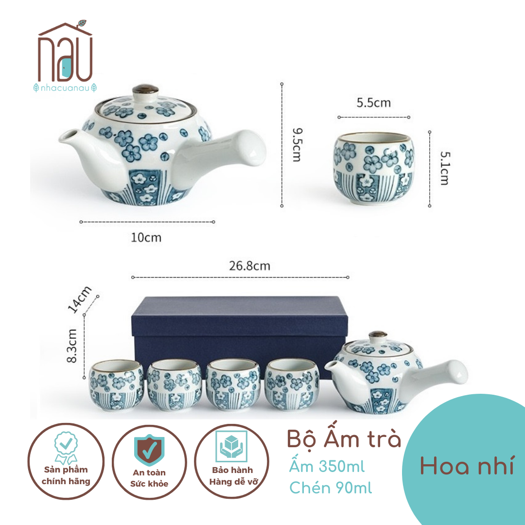 Bộ ấm chén trà có quai cầm phong cách Nhật Bản làm thủ công và vẽ tay hợp làm quà Tân Gia về nhà mới Sẵn có