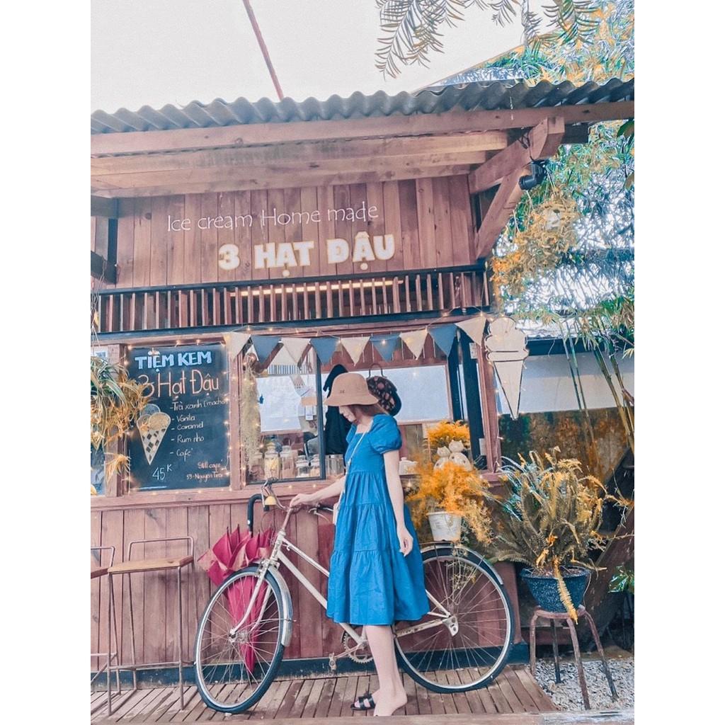 Váy Xanh Babydoll tay bồng chân xếp, Váy babydoll dáng xòe siêu xinh