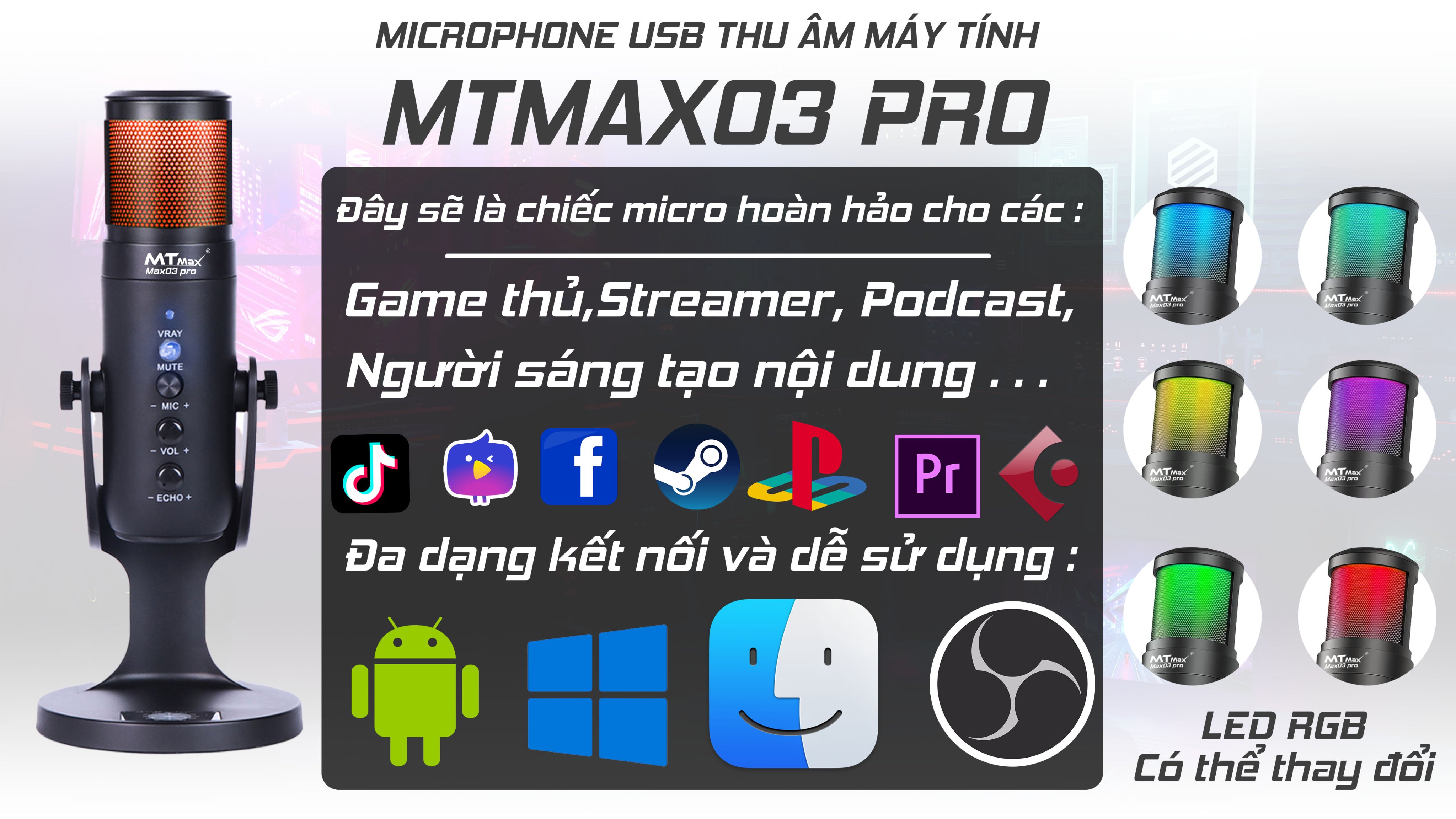 Micro thu âm mtmax max03 pro micro hoàn hảo cho streamer, nhà sáng tạo nội dung có echo kèm hiệu ứng đèn lọc tạp âm tốt độ nhạy cao phù hợp nhiều phần mềm hàng chính hãng
