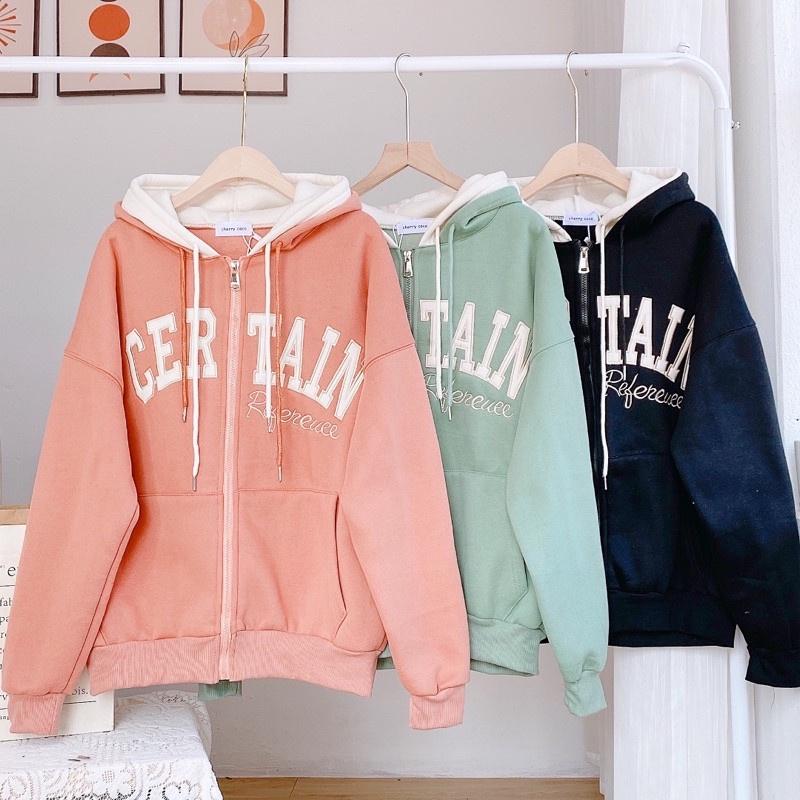 Áo Khoác Nỉ Khóa Zip Oversize in chữ CERTAINS - Hoodie dáng thụng form rộng dài tay, kiểu dáng basic, thiết kế trẻ trung