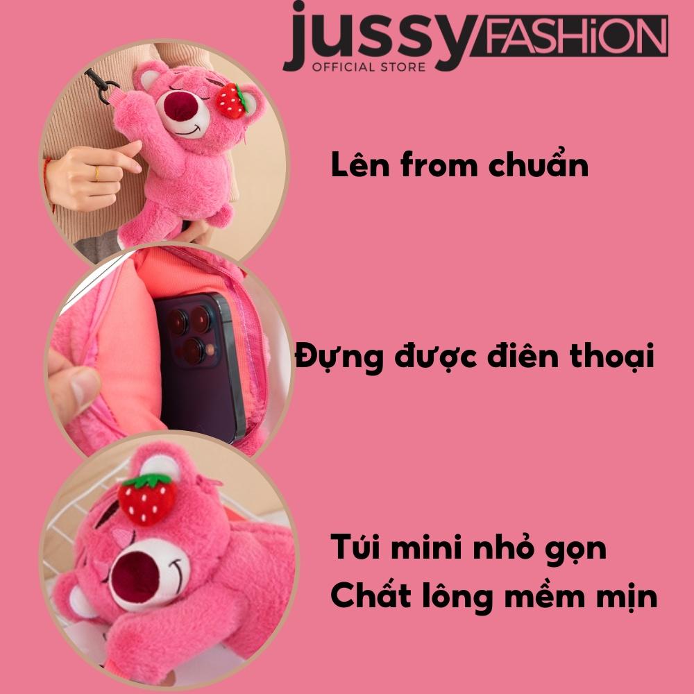 Túi Đeo Chéo Mini Hình Gấu Dâu Jussy Fashion Chất Lông Mịn Màu Hồng Dễ Thương