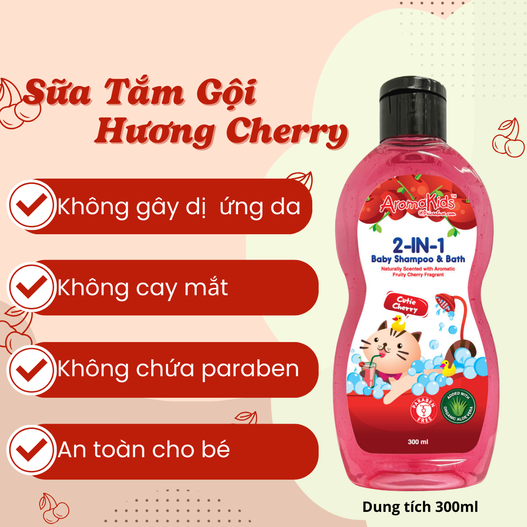 Sữa tắm gội cho bé; sữa tắm bé;sữa tắm gội 2in1;sữa tắm gội 2in1 AromaKids-Hương Cherry, 300ml/chai 