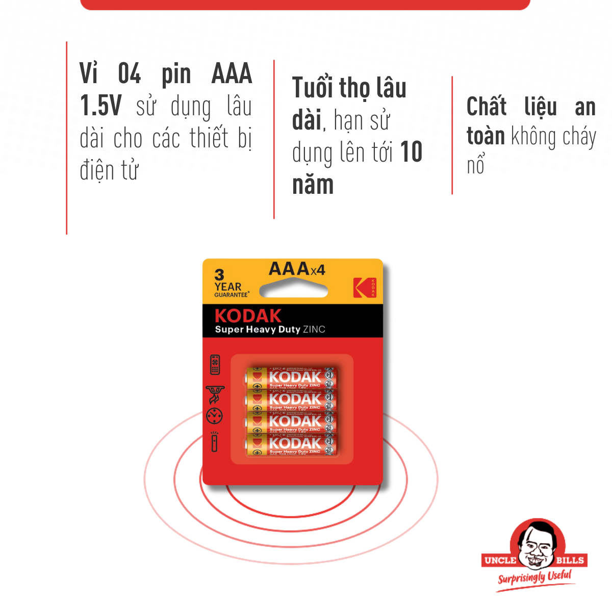 Bộ 4 Pin tiểu Kodak Alkaline AAA điện thế 1.5V Uncle Bills IB0120 