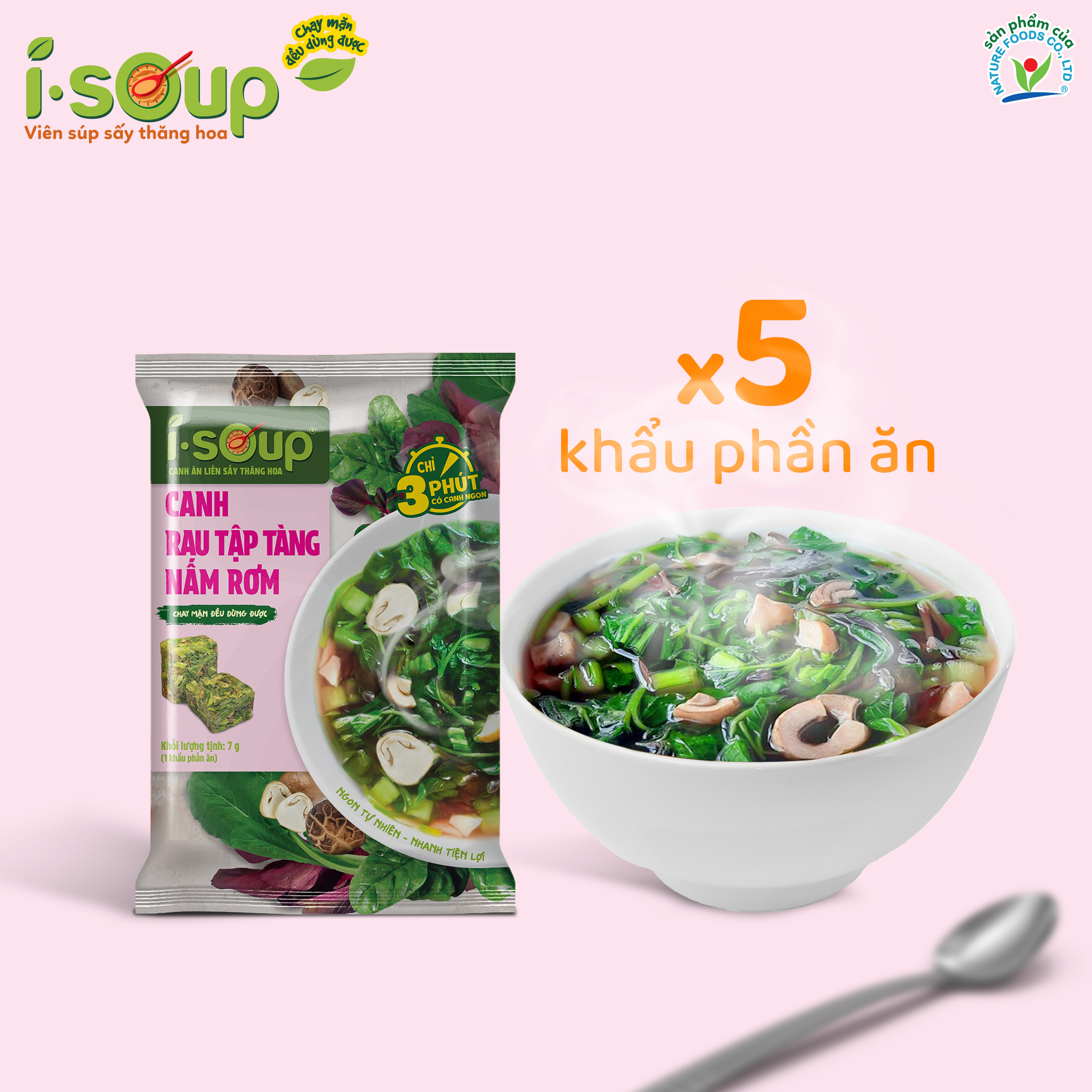 Canh Rau Tập Tàng Nấm Rơm Ăn Liền ISOUP 35g 05 Viên - Viên Canh Ăn Liền Sấy Thăng Hoa