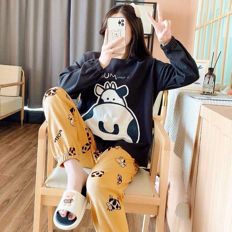 Đồ Bộ Thun Tay Dài Quảng Châu - Pijama Quần Dài - Đồ Mặc Ở Nhà Họa Tiết Hoạt Hình Dễ Thương