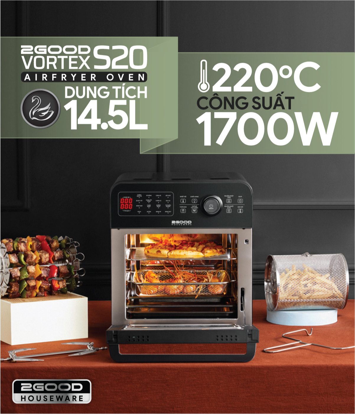 Nồi chiên không dầu điện tử 2Good Vortex S20 - Dung tích14.5 lít - Tặng găng tay - 16 chức năng - Hàng chính hãng