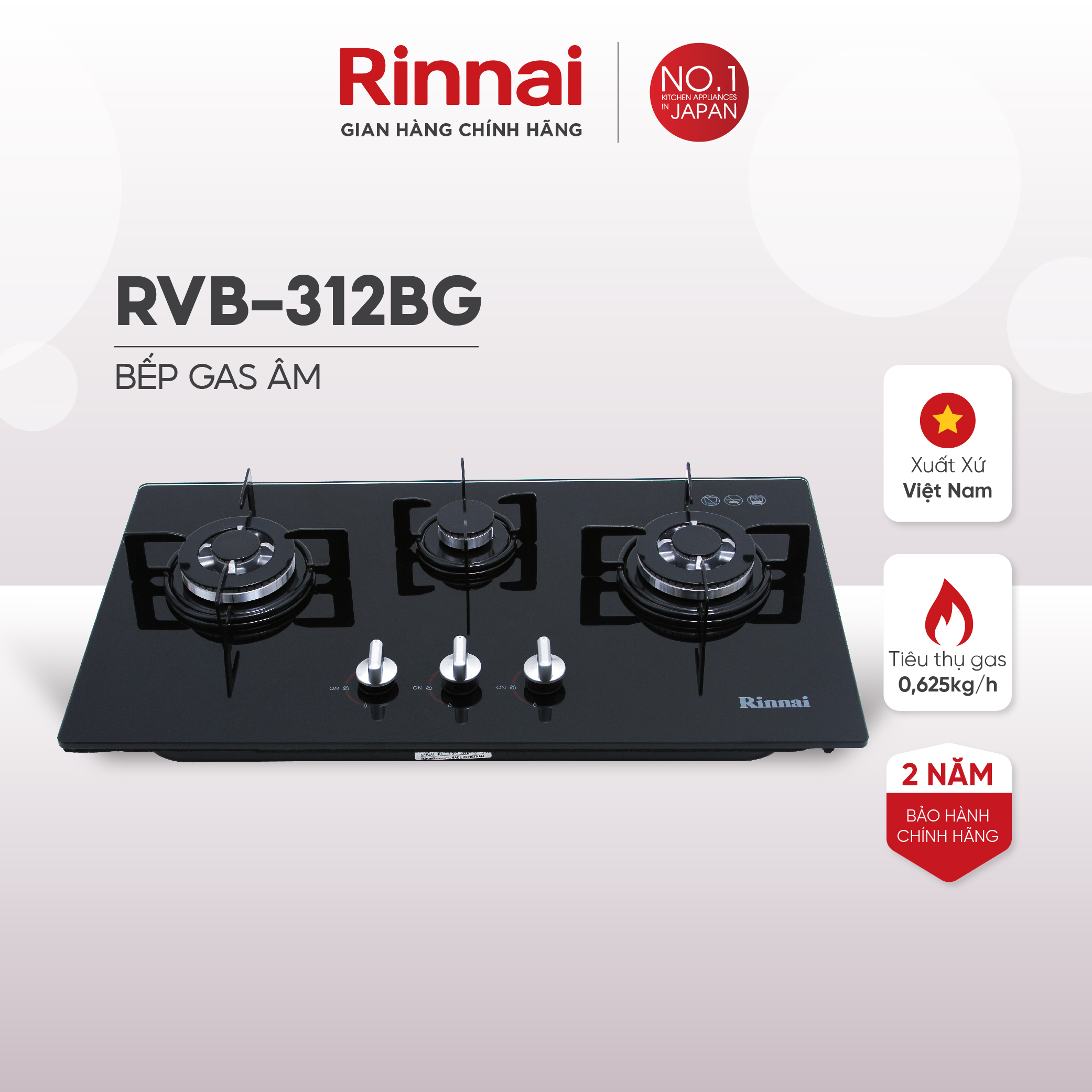 Bếp gas âm Rinnai RVB-312BG mặt bếp kính và kiềng bếp gang - Hàng chính hãng.