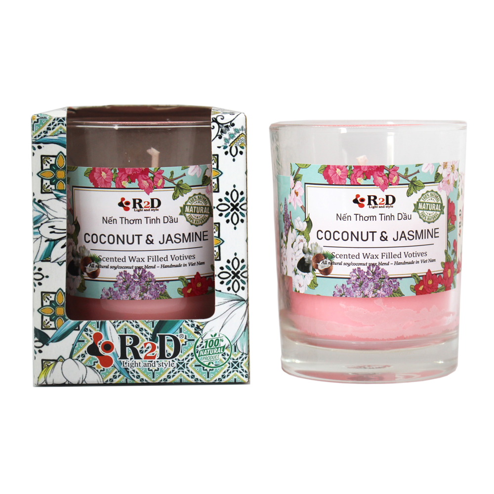 NẾN THƠM TINH DẦU COCONUT - JASMINE [LY 300G - 0411] ĐẾN TỪ THƯƠNG HIỆU R2D, LÀM TỪ DẦU CỌ, DẦU DỪA, TINH DẦU, NGUYÊN LIỆU TỰ NHIÊN, LÀNH TÍNH.