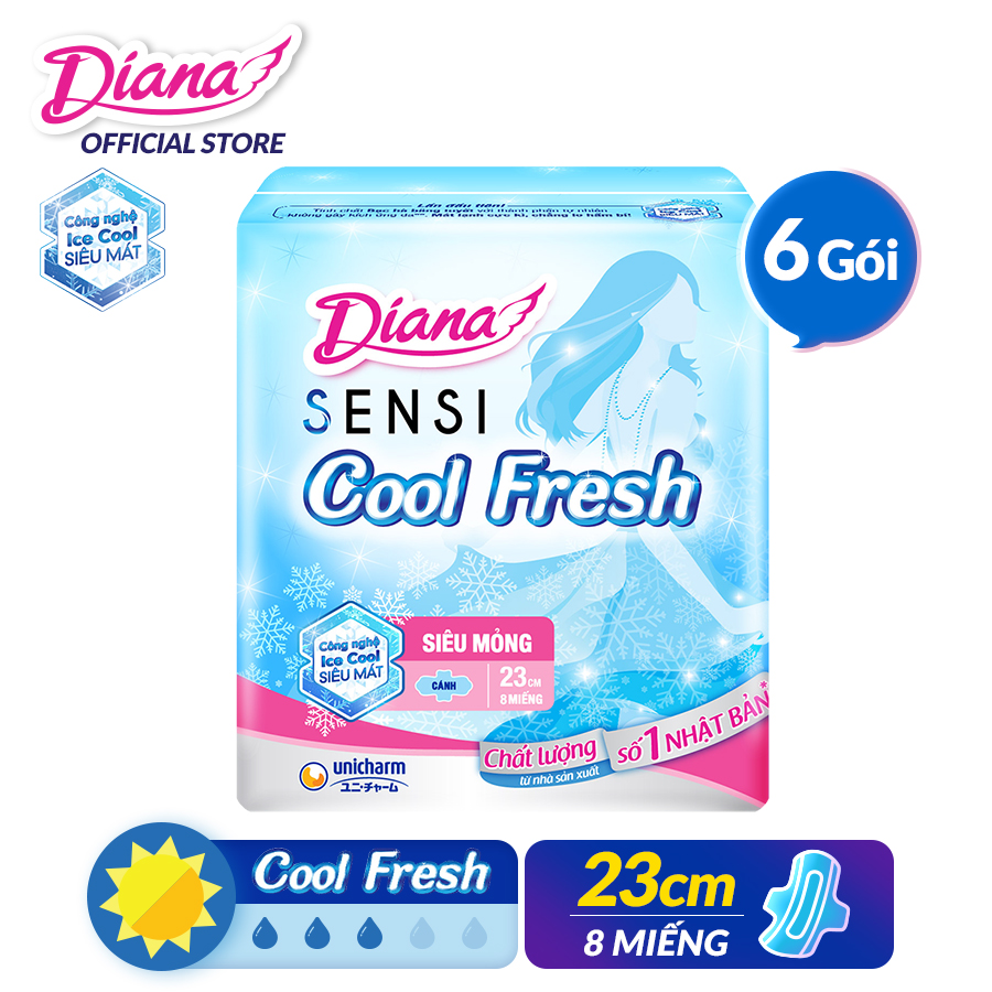 Bộ 6 Gói Băng Vệ Sinh Diana SenSi Cool Fresh Siêu Mỏng Cánh (8 Miếng/Gói)