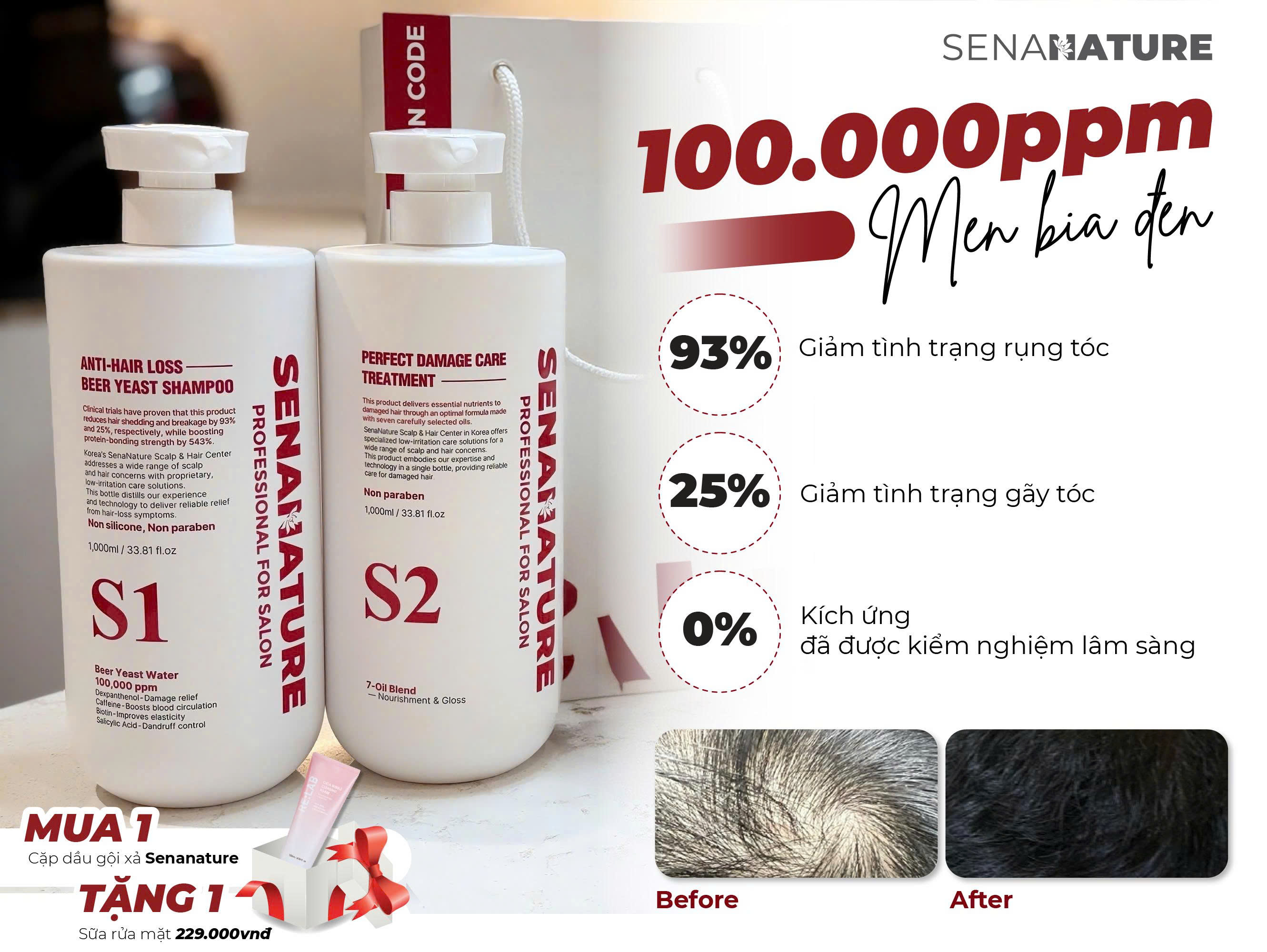 (Tặng sửa rửa mặt) Cặp dầu gội xả SENANATURE ANTI-HAIR LOSS BEER YEAST SHAMPOO + SENANATURE PERFECT DAMAGE CARE TREATMENT 1000ml