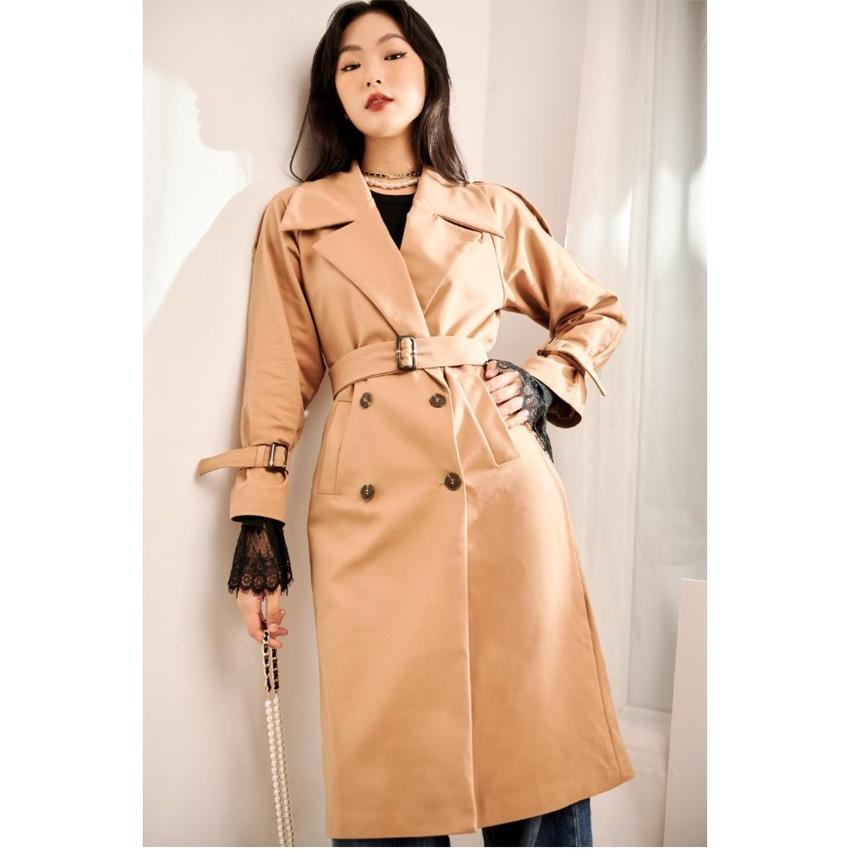 Áo khoác trench coat dáng dài, chất liệu dày dặn, màu nâu cafe