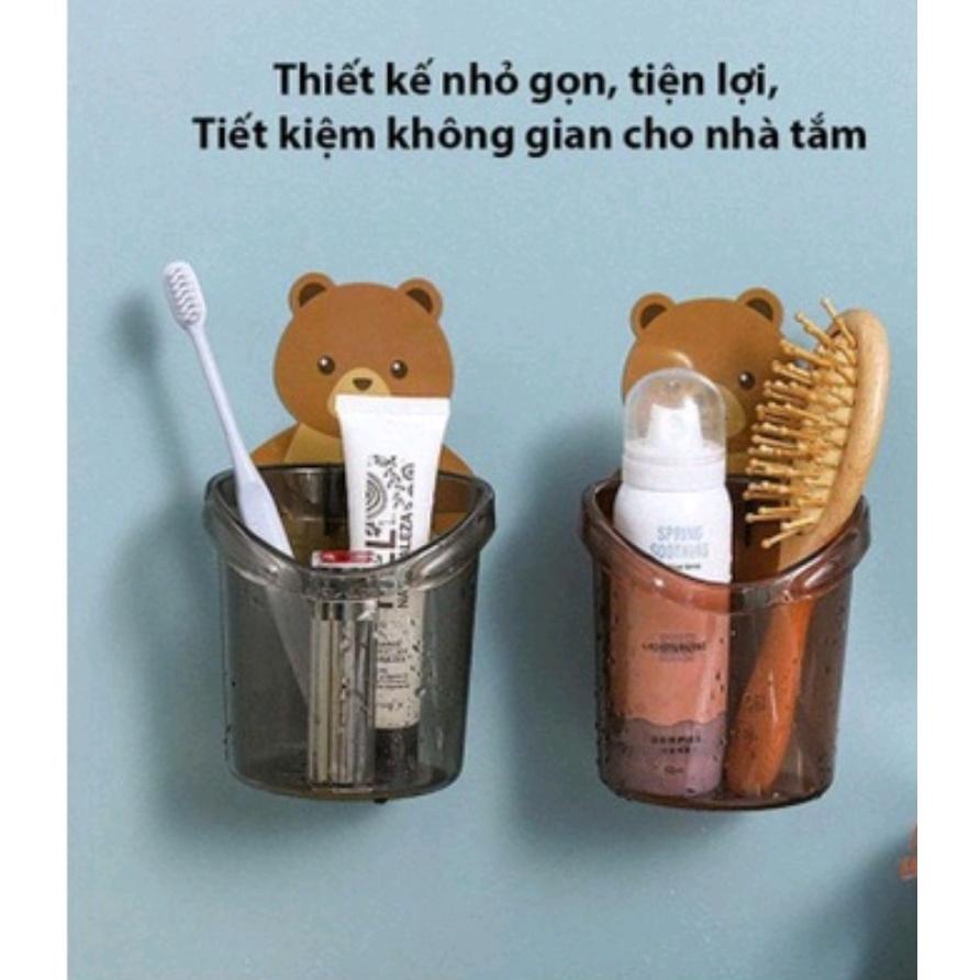 Cốc gấu dán tường đựng bàn chải đánh răng, cốc gấu nâu đựng kem đánh răng