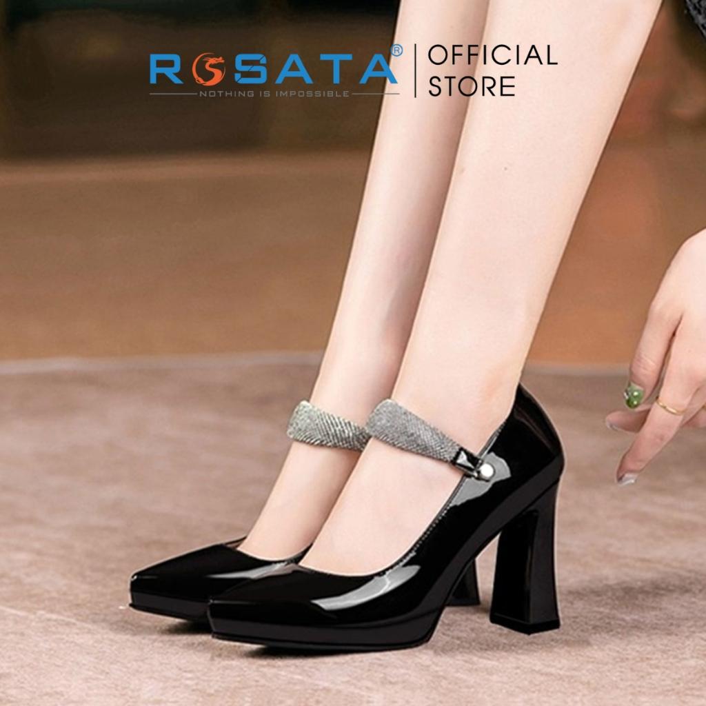 Giày cao gót nữ ROSATA RO464 mũi nhọn quai ngang đính hạt gót trụ cao 8cm xuất xứ Việt Nam