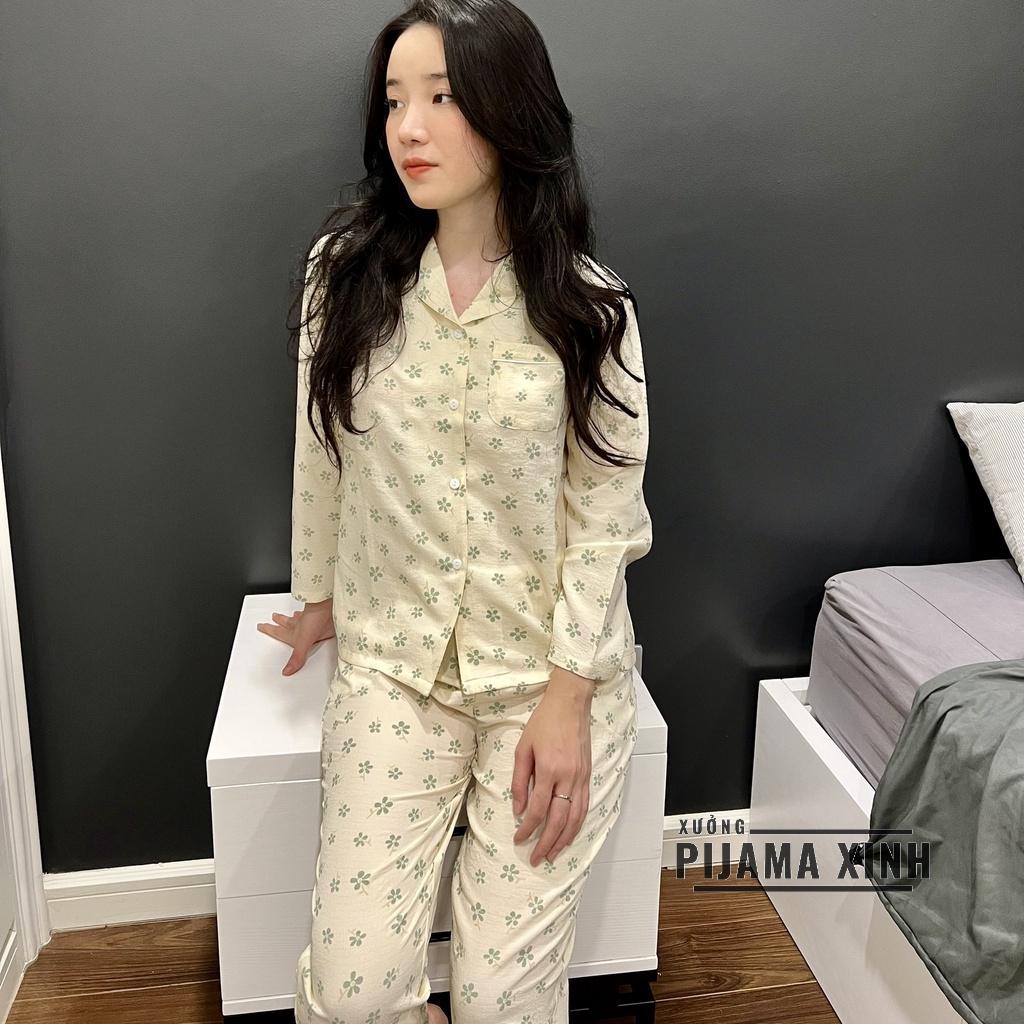 Đồ bộ nữ mặc nhà, pijama đũi xốp cao cấp hoạ tiết hoa xanh dễ thương