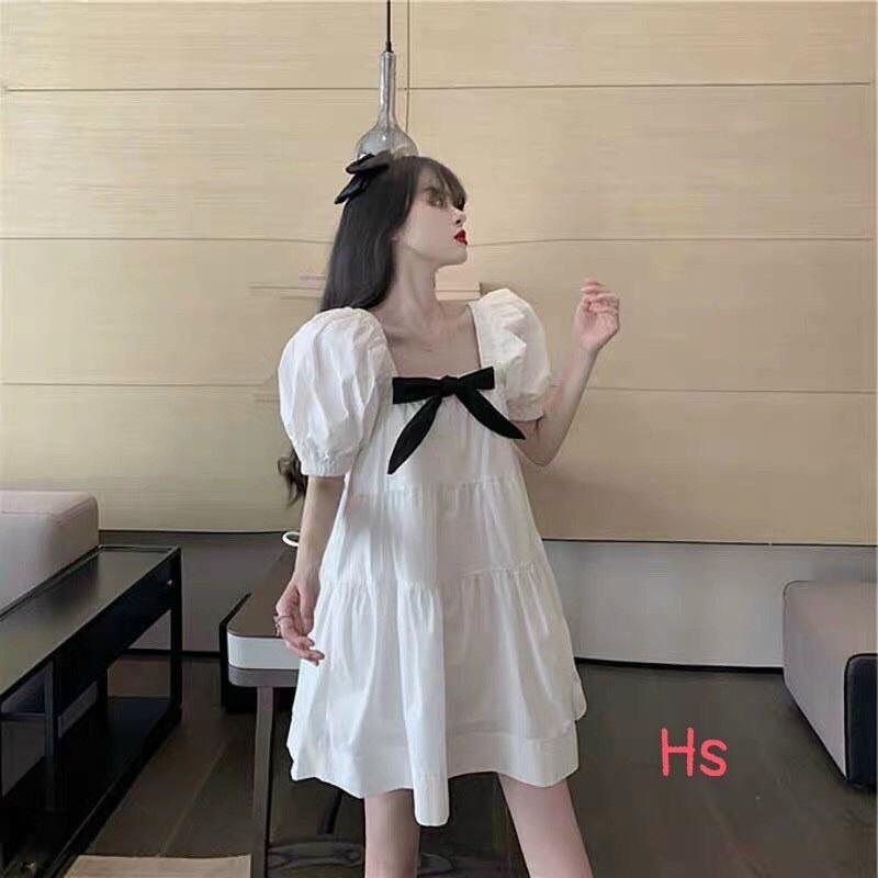 Đầm váy trắng dáng xòe cổ vuông thắt nơ siêu dễ thương, thời trang nữ dạo phố, dự tiệc