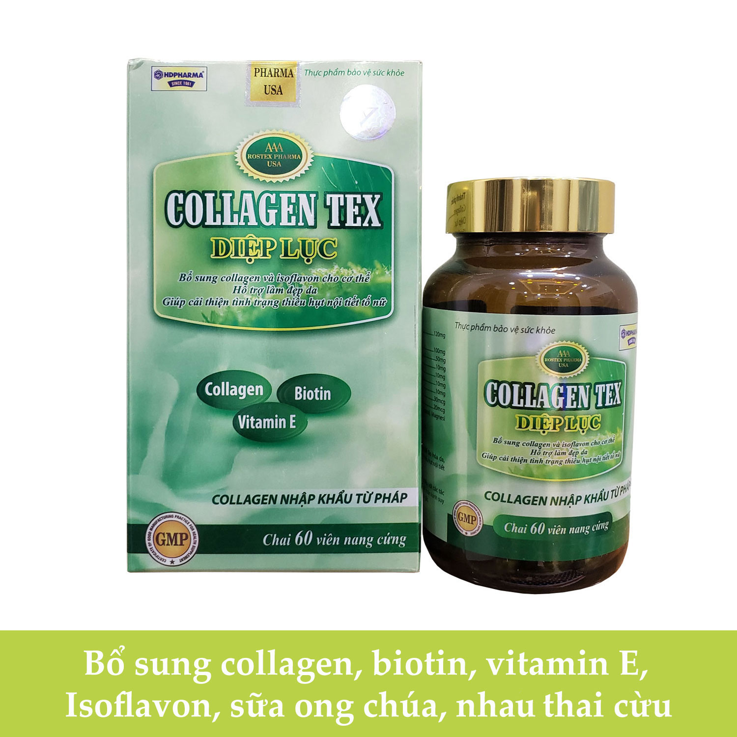 Viên uống Diệp Lục Collagen Tex HDPHARMA bổ sung thêm vitamin e, Isoflavon, sữa ong chúa, làm đẹp da chống lão hóa 60 viên