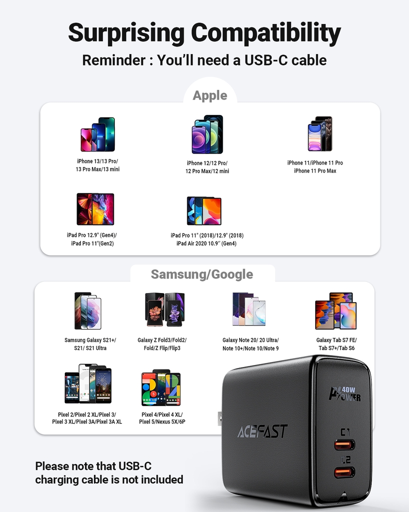 Sạc Acefast PD3.0 40W 2 cổng USB-C - A11 Hàng chính hãng Acefast